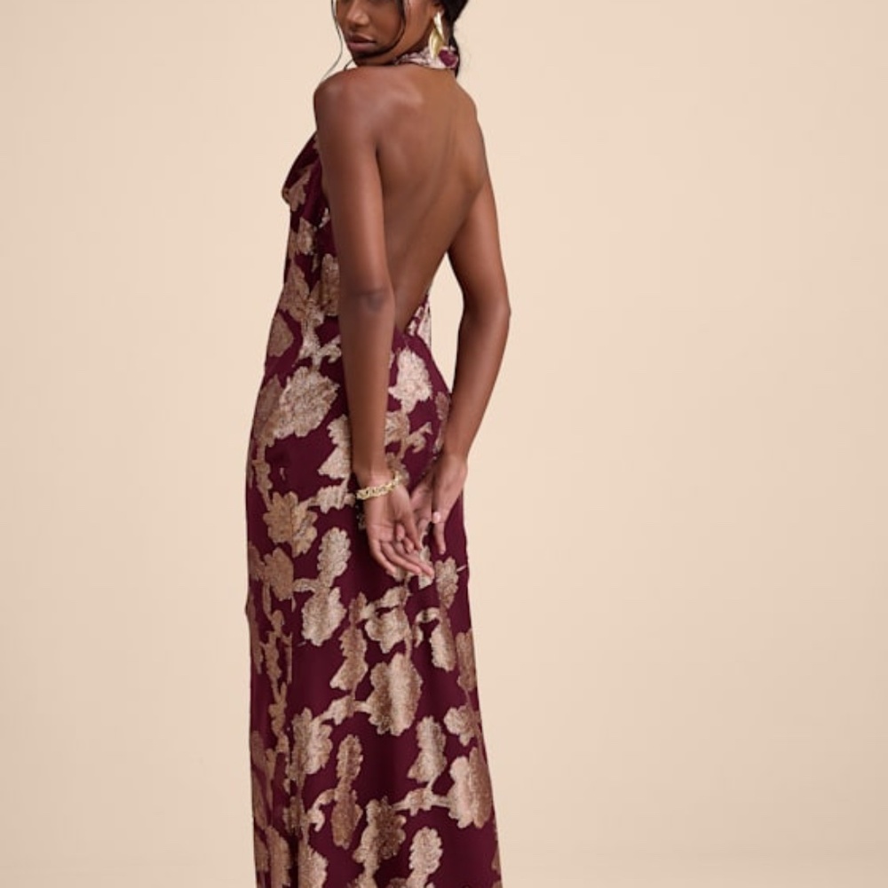 Lulus Zafira Burgundy And Gold Burnout Cowl Halter Maxi Dress Red - Size L